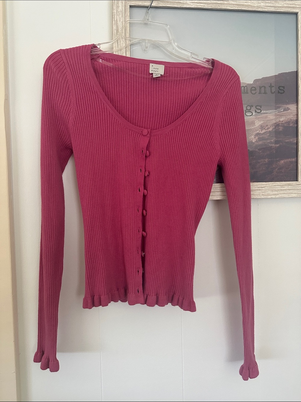 NWOT Size Small a new day Raspberry Ribbed Button-Front Long Sleeve Top - Picture 2 of 6